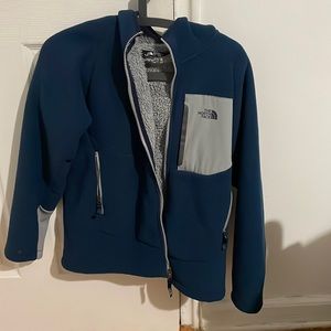Blue North Face jacket hoodie with fur inside